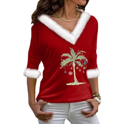 Akivide Christmas Shirts for Women 2024,Casual Long Sleeve Snow Pattern Faux Fur Trim V Neck Tunic Blouse Tops