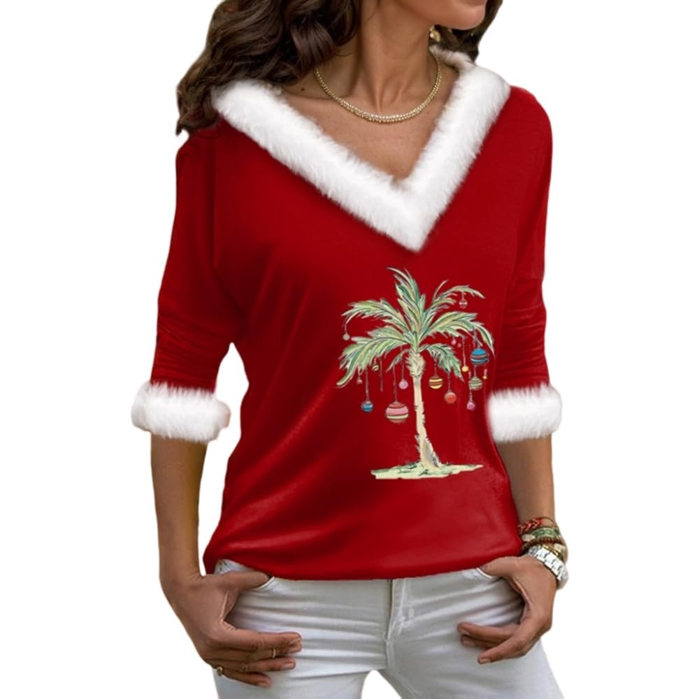 Akivide Christmas Shirts for Women 2024,Casual Long Sleeve Snow Pattern Faux Fur Trim V Neck Tunic Blouse Tops