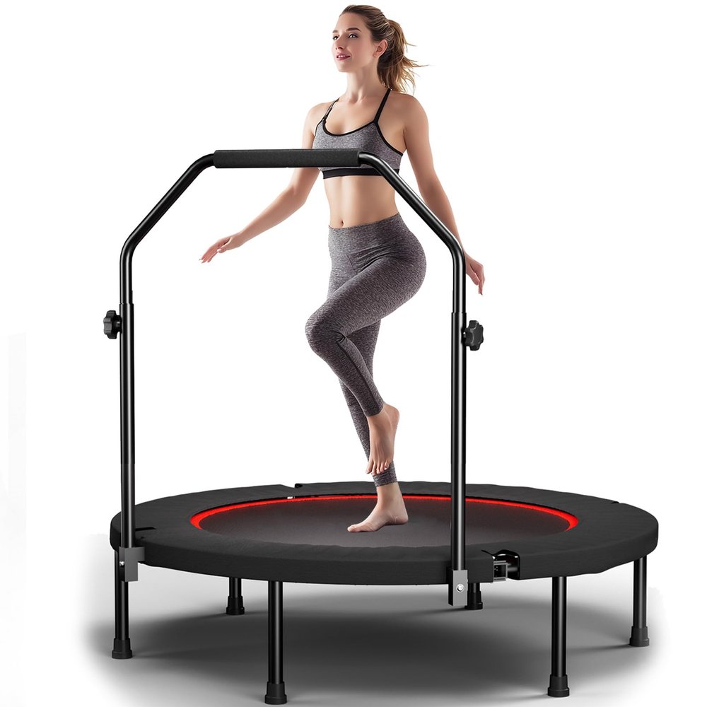 40" Trampoline, Portable Fitness Foldable Trampoline with Adjustable Foam Handle in-Home Mini Rebounder, Exercise Trampoline for Kid/Adults, Max Load 330lbs, Blue
