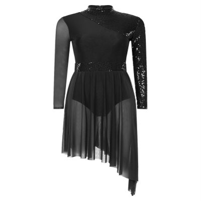 HULIJA Women's Sparkly Sequin Lyrical Dance Costume Long Sleeve Tulle Skirt Leotard Contemporary Dancewear Black Medium
