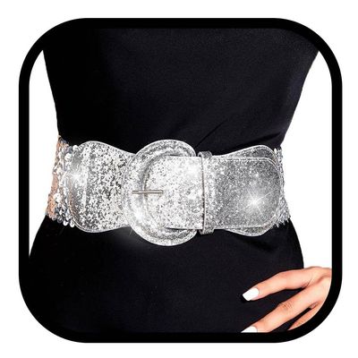 Bounzhi Women Elastic Belt Glitter Stretch Dresses Belts Vintage Waist Belt for Ladies (Silver, S)