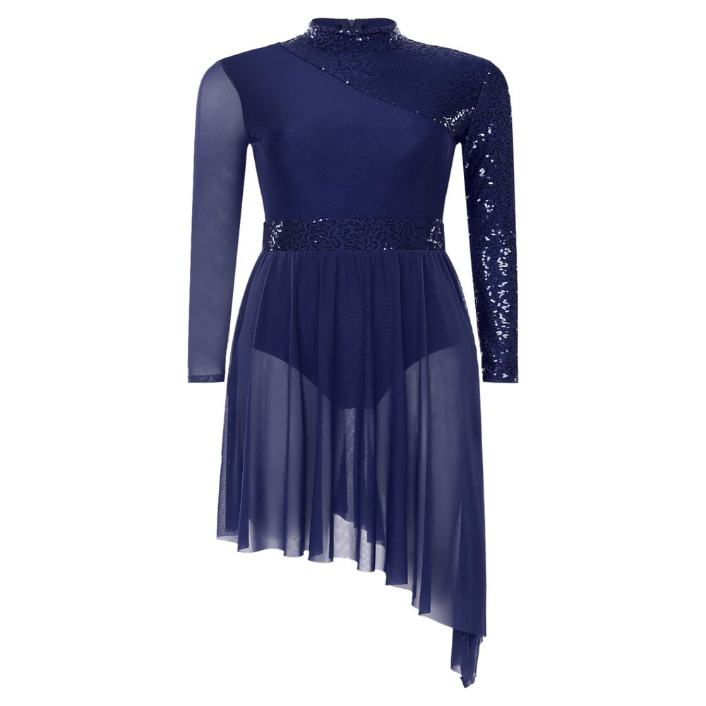 HULIJA Women's Sparkly Sequin Lyrical Dance Costume Long Sleeve Tulle Skirt Leotard Contemporary Dancewear NavyBlue Medium