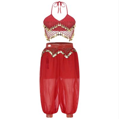 Alvivi Women's 2Pcs Shiny Belly Dance Outfit Halter Lace-up Tassels Mini Bra Top with Lantern Pants Red One Size