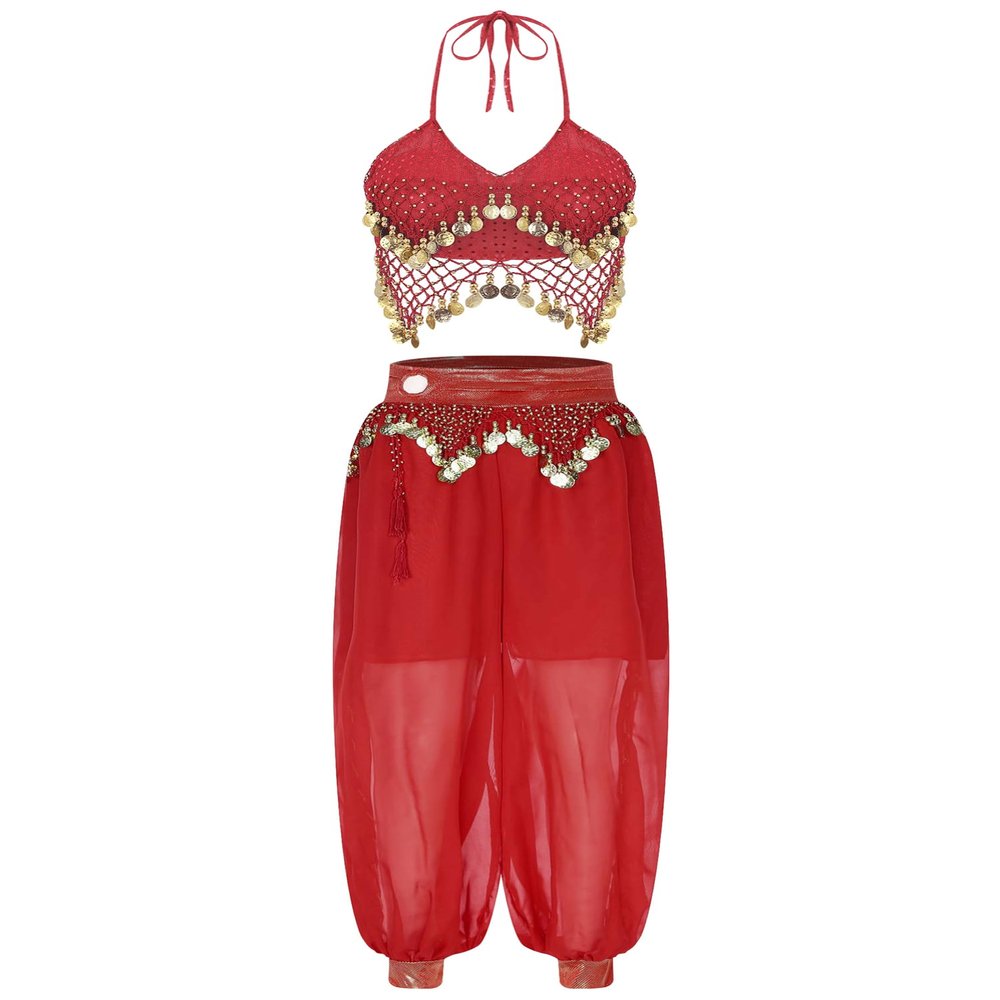 Alvivi Women's 2Pcs Shiny Belly Dance Outfit Halter Lace-up Tassels Mini Bra Top with Lantern Pants Red One Size