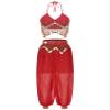 Alvivi Women's 2Pcs Shiny Belly Dance Outfit Halter Lace-up Tassels Mini Bra Top with Lantern Pants Red One Size view 1