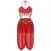 Alvivi Women's 2Pcs Shiny Belly Dance Outfit Halter Lace-up Tassels Mini Bra Top with Lantern Pants Red One Size view 2