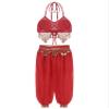 Alvivi Women's 2Pcs Shiny Belly Dance Outfit Halter Lace-up Tassels Mini Bra Top with Lantern Pants Red One Size view 4
