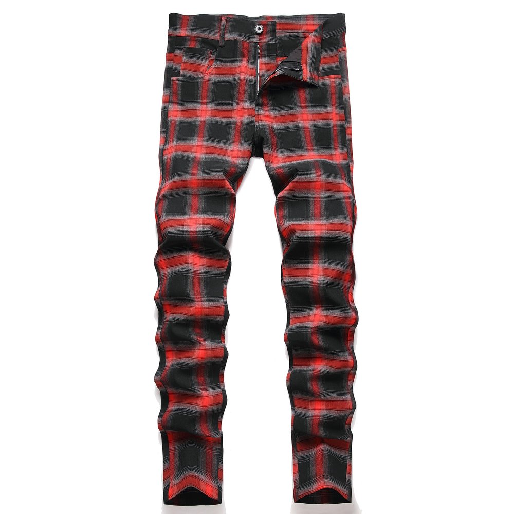 NOVOCCT Plaid Pants for Men - Skinny Mens Dress Pants - Stretch Slim Fit Business Casual Dress Chinos for Men (Red Black Plaid - T27, 40)