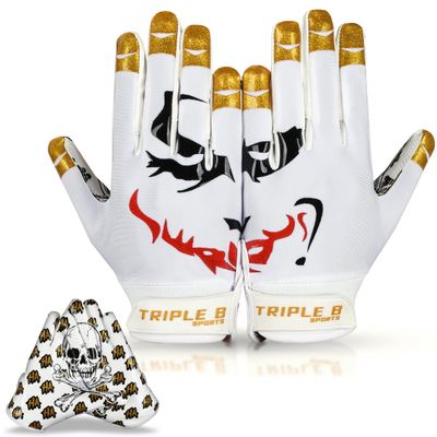 Triple B Sports Football Receiver Gloves with Joker Face Design for Youth and Adult, White/Gold, Adult Small