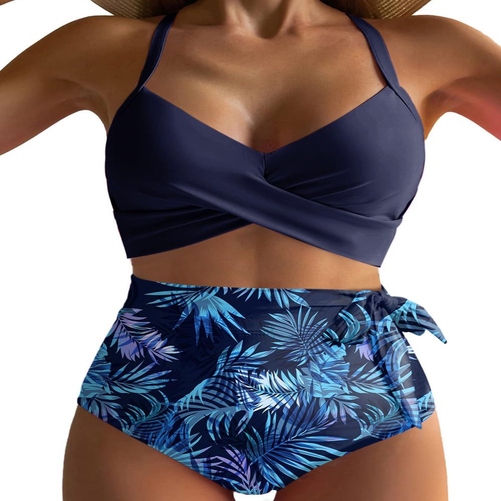 Dokotoo Bathing Suit for Women Tummy Control Two Piece Sexy Vacation 2025 Summer Adjustable Straps Twist Front Tie Up High Waisted Bikini Suit Swimsuit Beach Swimwear Set Plus Size,Blue Medium