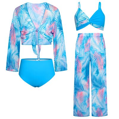 GRACE KARIN Teen Bathing Suits for Girls 12-14 Blue Bikini Set Long Sleeve Kimono Up Swimsuit Swimwear