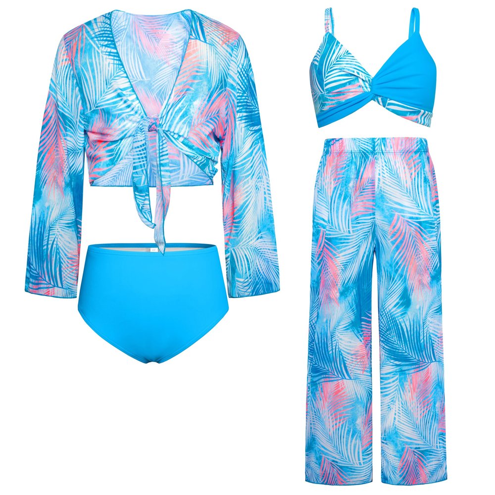GRACE KARIN Teen Bathing Suits for Girls 12-14 Blue Bikini Set Long Sleeve Kimono Up Swimsuit Swimwear