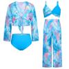 GRACE KARIN Teen Bathing Suits for Girls 12-14 Blue Bikini Set Long Sleeve Kimono Up Swimsuit Swimwear view 1