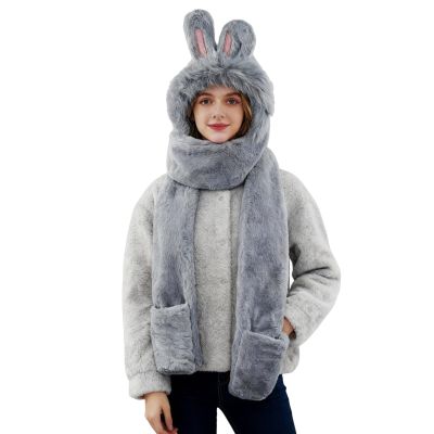 3 in 1 Cute Bunny Ears Hat Scarf Gloves Set Winter Warm Faux Fur Hooded Scarf Pocket Mittens Plush Animal Hood (Grey)