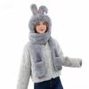 3 in 1 Cute Bunny Ears Hat Scarf Gloves Set Winter Warm Faux Fur Hooded Scarf Pocket Mittens Plush Animal Hood (Grey) view 2