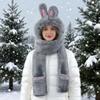 3 in 1 Cute Bunny Ears Hat Scarf Gloves Set Winter Warm Faux Fur Hooded Scarf Pocket Mittens Plush Animal Hood (Grey) view 3