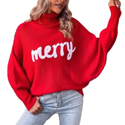 Women Merry Christmas Turtleneck Sweater Xmas Long Batwing Sleeve Letter Pullover Holiday Knitted Sweater Tops(Basic Red,X-Large)