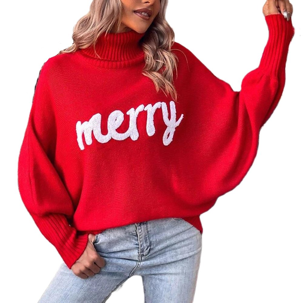 Women Merry Christmas Turtleneck Sweater Xmas Long Batwing Sleeve Letter Pullover Holiday Knitted Sweater Tops(Basic Red,X-Large)