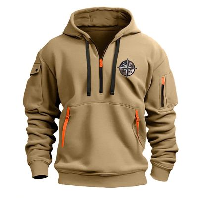 3Xlt Hoodies for Men Big and Tall,Lightweight Quarter Zip Pullover Men Tactical Cargo Long Sleeve Workout Hoodie Vintage Jacket Winter Sweatshirt(5X-Large,Beige)