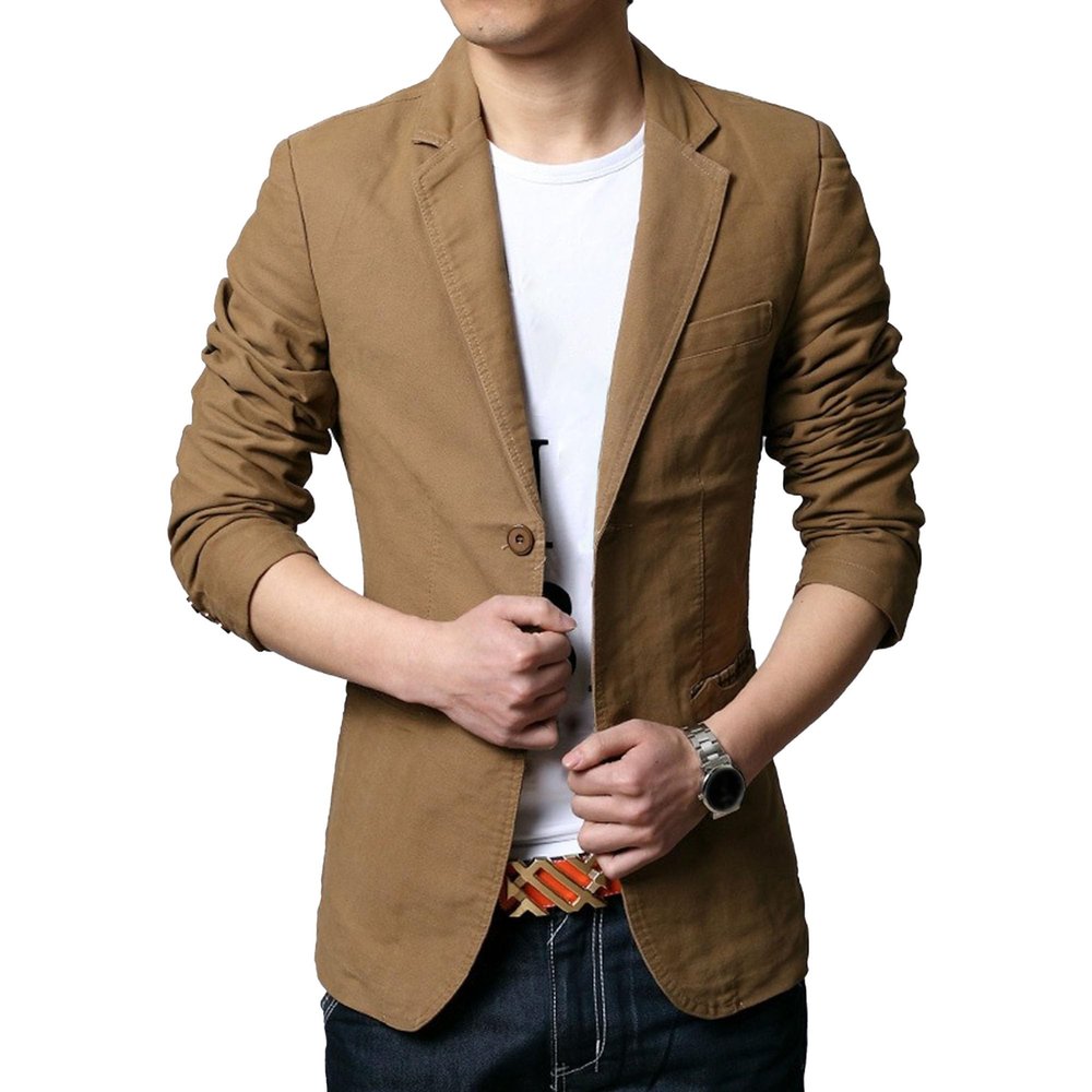 Men's fashion Slim denim blazer Barge collar retro style cotton blazer temperament daily simple jacket (Khaki3,5X-Large)