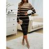 CROSTRITON Women's Fall Long Sleeve Striped Ribbed Knit Midi Dresses Crewneck Slim Fit Bodycon Sweater Dress Black view 3
