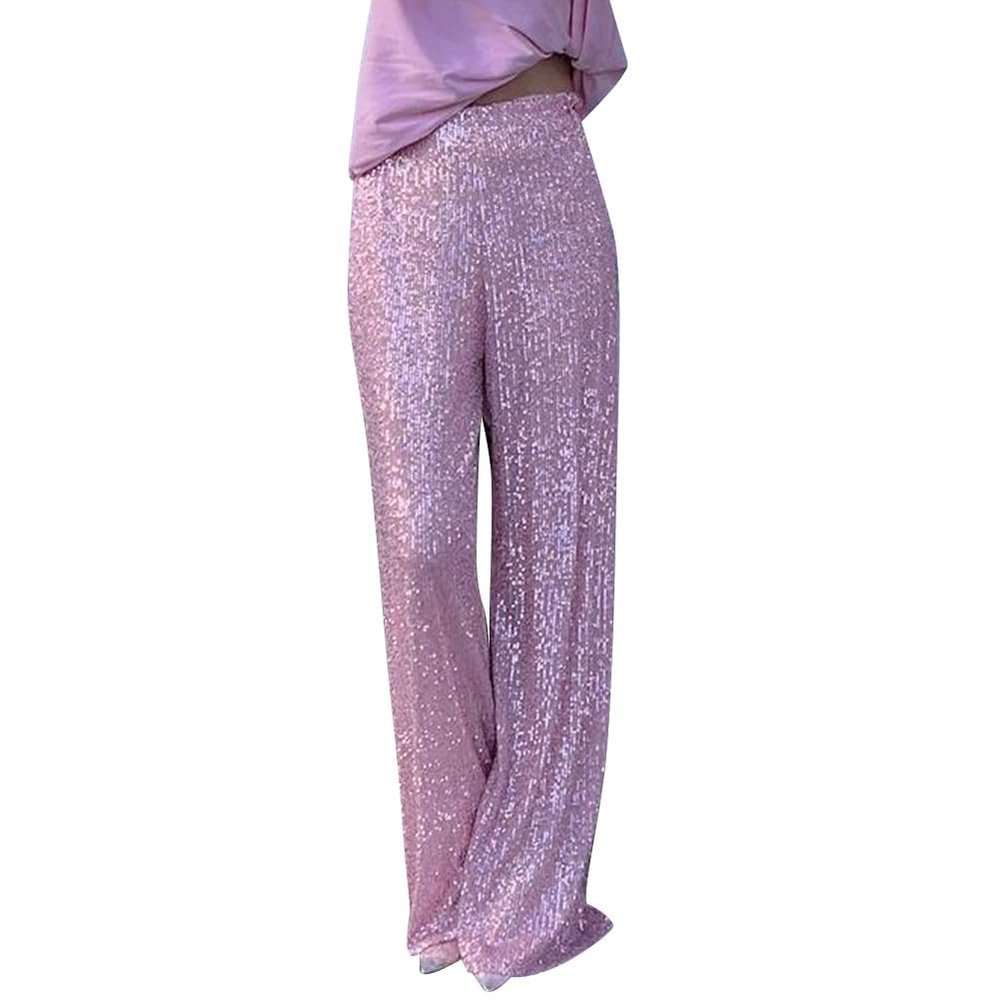 HAPRIZERA Women Wide Leg Sparkle Sequin Pants Elastic High Waist Bling Glitter Dance Pants Loose Nightclub Club Casual Pants (Pink, M)