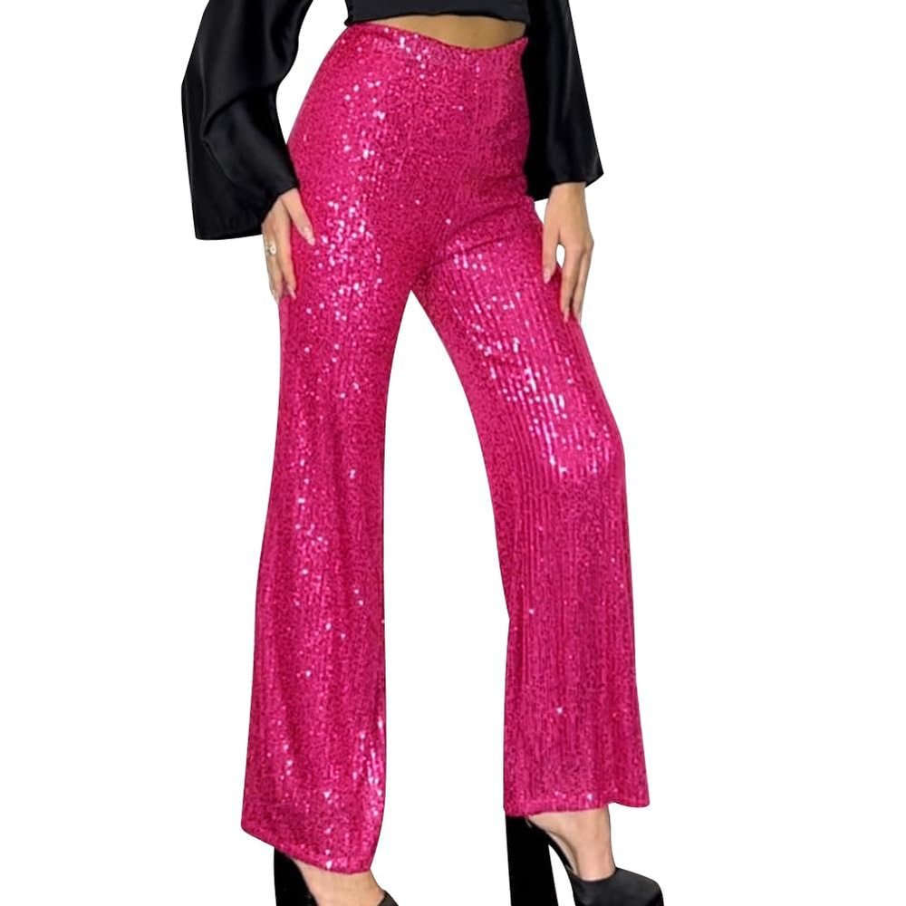 HAPRIZERA Women Wide Leg Sparkle Sequin Pants Elastic High Waist Bling Glitter Dance Pants Loose Nightclub Club Casual Pants (Rose Red, S)