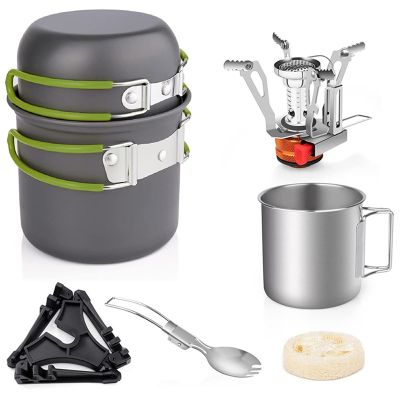 TARSHYRY 8pcs Camping Cookware Set,Folding Camping Stove Lightweight Pot Pan Set with Stainless Steel Cup and Fork Spoon for Outdoors Cooking Camping Hiking Picnic Backpacking (Green)