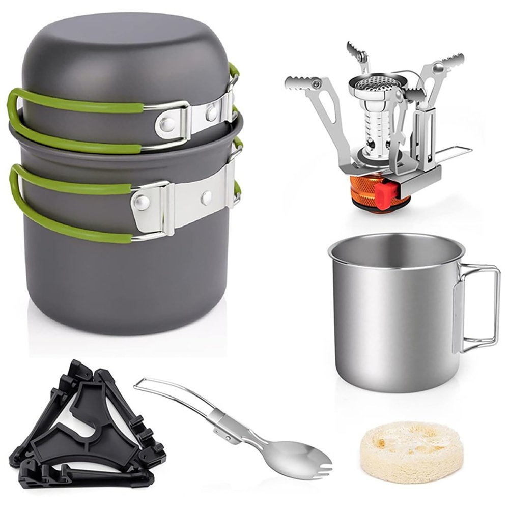 TARSHYRY 8pcs Camping Cookware Set,Folding Camping Stove Lightweight Pot Pan Set with Stainless Steel Cup and Fork Spoon for Outdoors Cooking Camping Hiking Picnic Backpacking (Green)