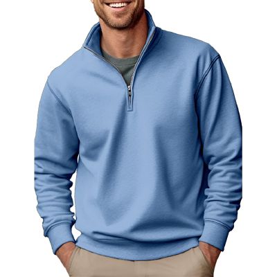 Mens Casual Sweatshirt Stand Collar Zipper Long Sleeve Pullover Tops Thickened Fleece Thermal Winter Fashion Clothes Blue