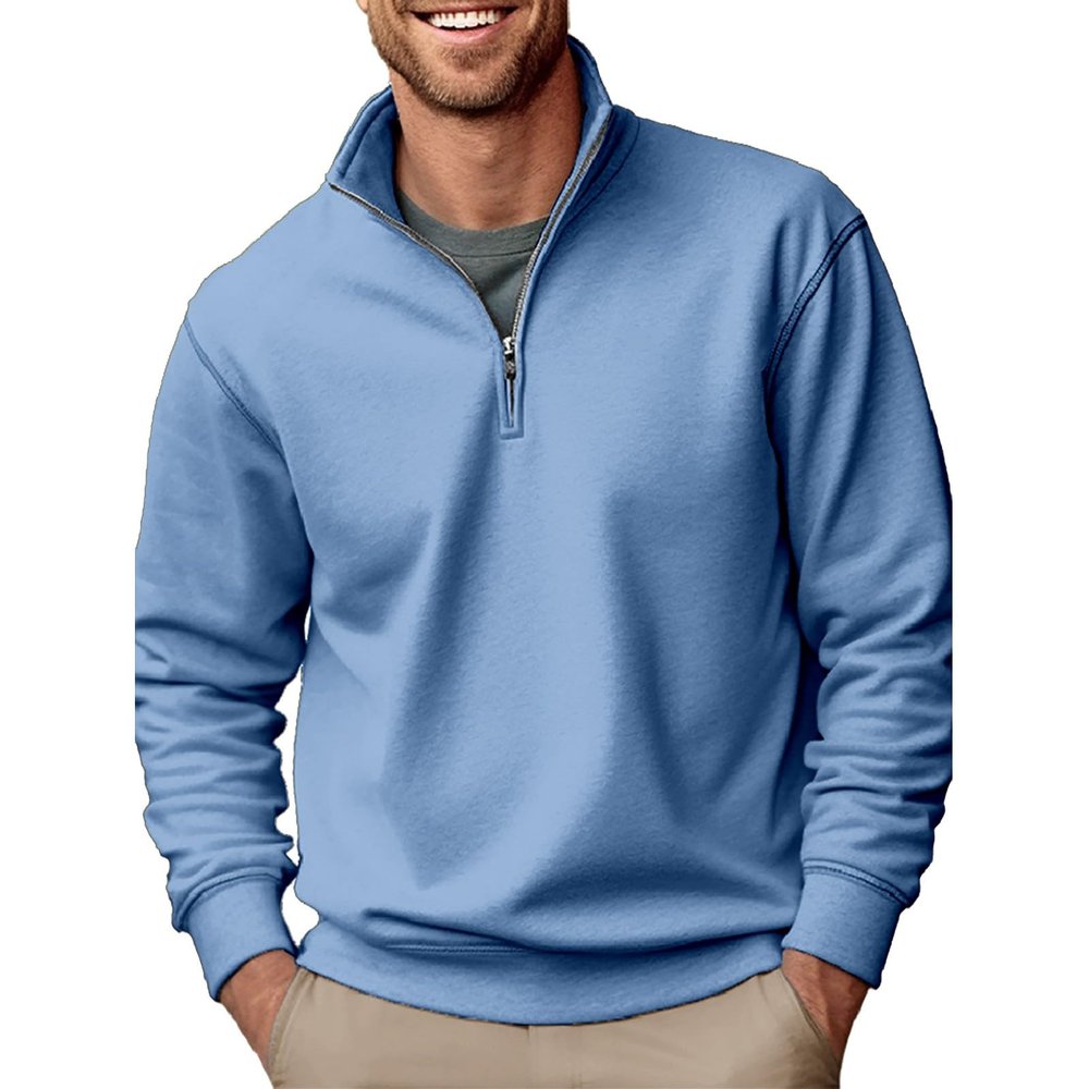Mens Casual Sweatshirt Stand Collar Zipper Long Sleeve Pullover Tops Thickened Fleece Thermal Winter Fashion Clothes Blue