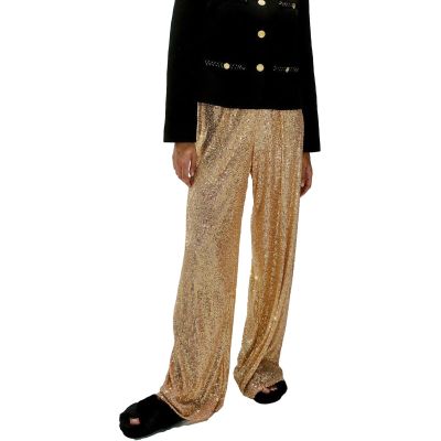 HAPRIZERA Women Wide Leg Sparkle Sequin Pants Elastic High Waist Bling Glitter Dance Pants Loose Nightclub Club Casual Pants (Gold, L)