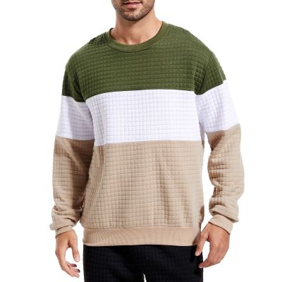Mens Waffle Sweatshirt Fashion Color Block Plaid Jacquard Long Sleeve Pullover Tops Slim Base Thermal Winter Sweater Khaki
