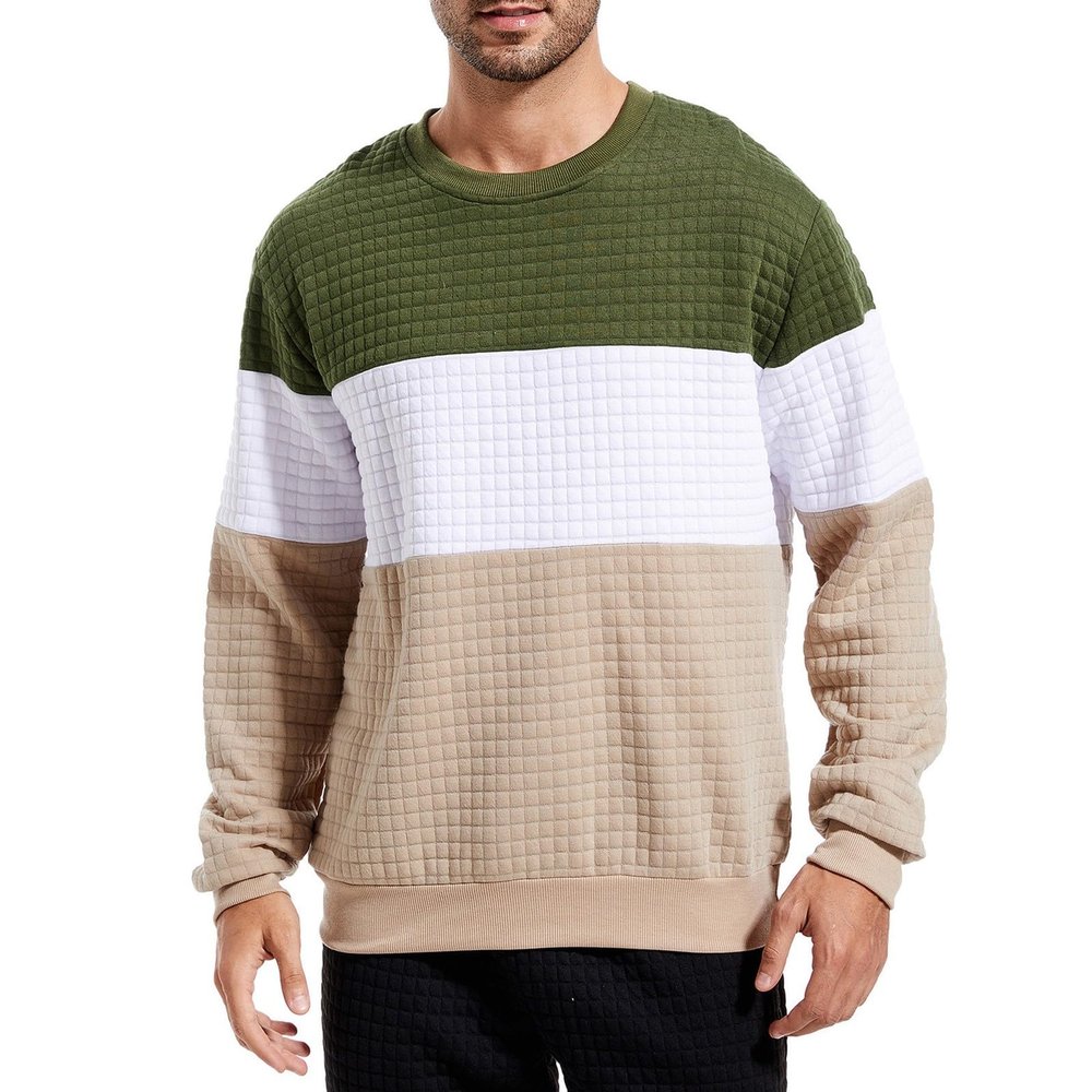 Mens Waffle Sweatshirt Fashion Color Block Plaid Jacquard Long Sleeve Pullover Tops Slim Base Thermal Winter Sweater Khaki