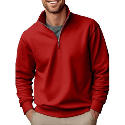 Mens Casual Sweatshirt Stand Collar Zipper Long Sleeve Pullover Tops Thickened Fleece Thermal Winter Fashion Clothes Red