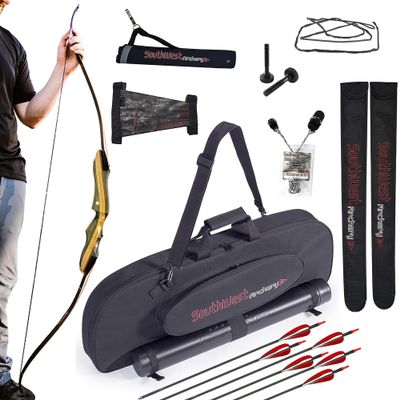 Ultimate Spyder 62" 25lb Right Recurve Bow & Universal Traditional Takedown Bow Kit Bundle with Extra String - Handcrafted Riser & Fiber Glass Maple Limb  Finest Bow and Arrow Set for Adults