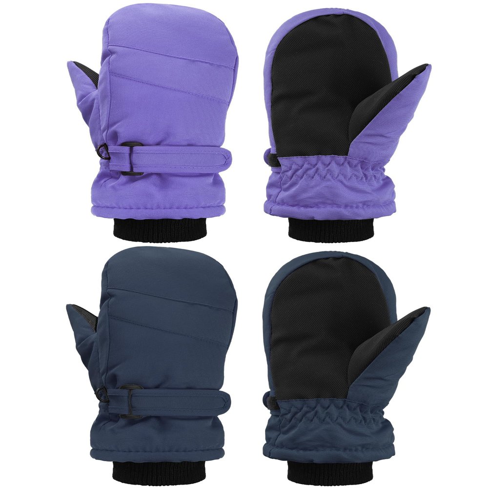 SATINIOR 2 Pairs Kids Snow Mittens Waterproof Winter Ski Gloves Warm Thicken Snow Gloves for Girls Boys (Purple, Navy Blue,5-8 Years)