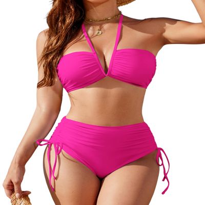 Blooming Jelly Womens High Waisted Bikini Sets Sexy Bandeau Tummy Control Swimsuits 2025 Halter Two Piece Ruched Bathing Suit (Large, Hot Pink)