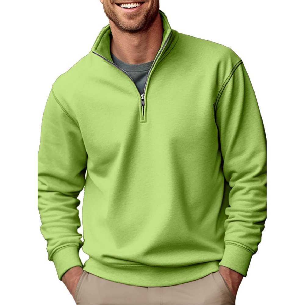Mens Casual Sweatshirt Stand Collar Zipper Long Sleeve Pullover Tops Thickened Fleece Thermal Winter Fashion Clothes Green