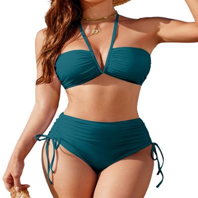 Blooming Jelly Womens High Waisted Bikini Sets Sexy Bandeau Tummy Control Swimsuits 2025 Halter Two Piece Ruched Bathing Suit (Small, Teal)