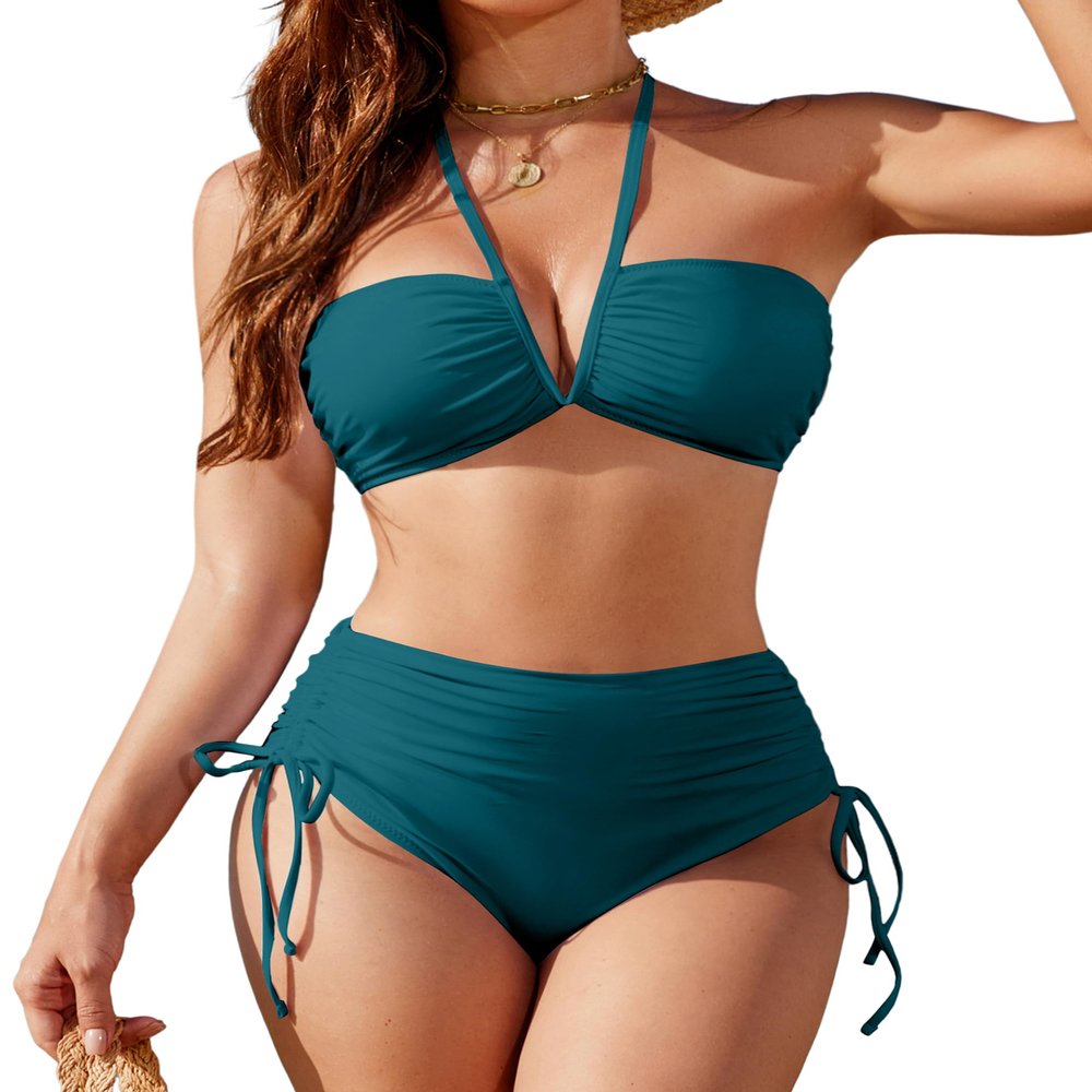 Blooming Jelly Womens High Waisted Bikini Sets Sexy Bandeau Tummy Control Swimsuits 2025 Halter Two Piece Ruched Bathing Suit (Small, Teal)