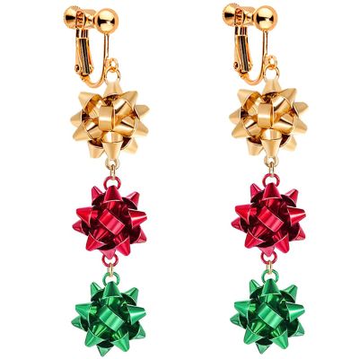 Christmas Clip On Earrings for Women, Non-Pierced, Red Green Snowflake Jingle Bell Cane Knot Dangle, Colorful Festival Party Jewelry, Holiday Drop Earrings