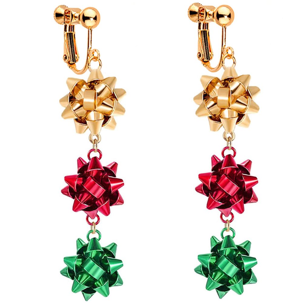 Christmas Clip On Earrings for Women, Non-Pierced, Red Green Snowflake Jingle Bell Cane Knot Dangle, Colorful Festival Party Jewelry, Holiday Drop Earrings