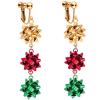 Christmas Clip On Earrings for Women, Non-Pierced, Red Green Snowflake Jingle Bell Cane Knot Dangle, Colorful Festival Party Jewelry, Holiday Drop Earrings view 1