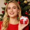 Christmas Clip On Earrings for Women, Non-Pierced, Red Green Snowflake Jingle Bell Cane Knot Dangle, Colorful Festival Party Jewelry, Holiday Drop Earrings view 3