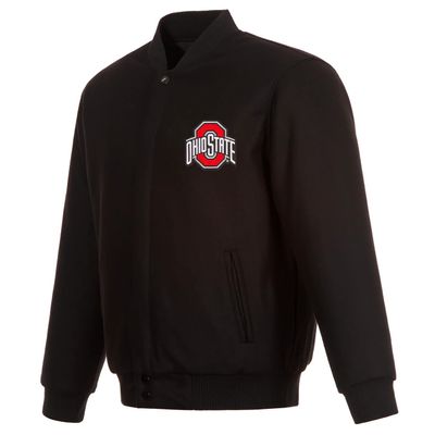 JH Design Ohio State Buckeyes Jacket Heavy Wool Snap Up Black Coat (US, Alpha, Medium, Regular, Regular, Black)