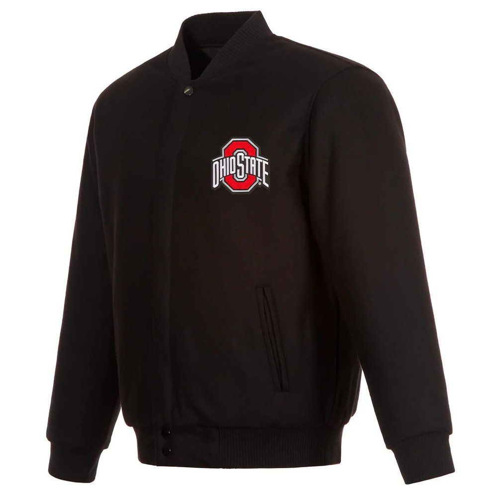 JH Design Ohio State Buckeyes Jacket Heavy Wool Snap Up Black Coat (US, Alpha, Medium, Regular, Regular, Black)