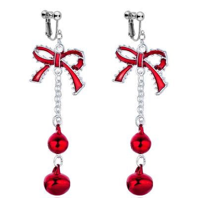 Christmas Clip On Earrings for Women, Non-Pierced, Red Green Snowflake Jingle Bell Cane Knot Dangle, Colorful Festival Party Jewelry, Holiday Drop Earrings