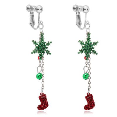 Christmas Clip On Earrings for Women, Non-Pierced, Red Green Snowflake Jingle Bell Cane Knot Dangle, Colorful Festival Party Jewelry, Holiday Drop Earrings