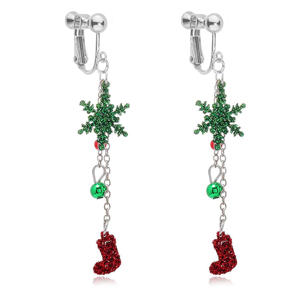 Christmas Clip On Earrings for Women, Non-Pierced, Red Green Snowflake Jingle Bell Cane Knot Dangle, Colorful Festival Party Jewelry, Holiday Drop Earrings